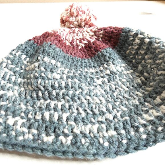 Wool Beanie OS 8" Skull Cap Unisex Handmade Crochet Hand Knit Winter Warm w/ Pom - Picture 8 of 9